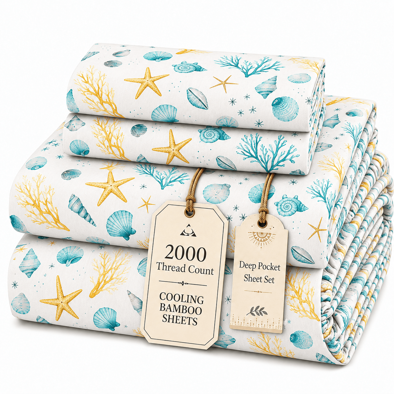 TEMU 4pcs Queen Size Bamboo Sheet Set, Ocean Print, Deep Pocket Breathable Bed Sheets For Hot Sleepers, Stylish Elegant Decor For Bedroom, Dorm & ,