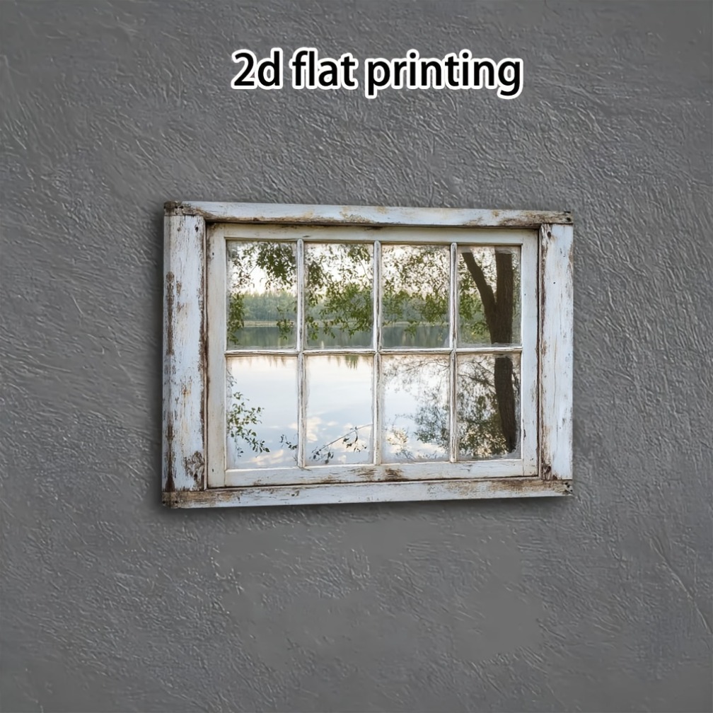TEMU 1pc Cadre de Fenêtre Vintage Art Mural avec Cadre en Bois de Pin Réaliste & Toile Enveloppante - Look Bois Rustique pour Salon, Bandes Adhésives
