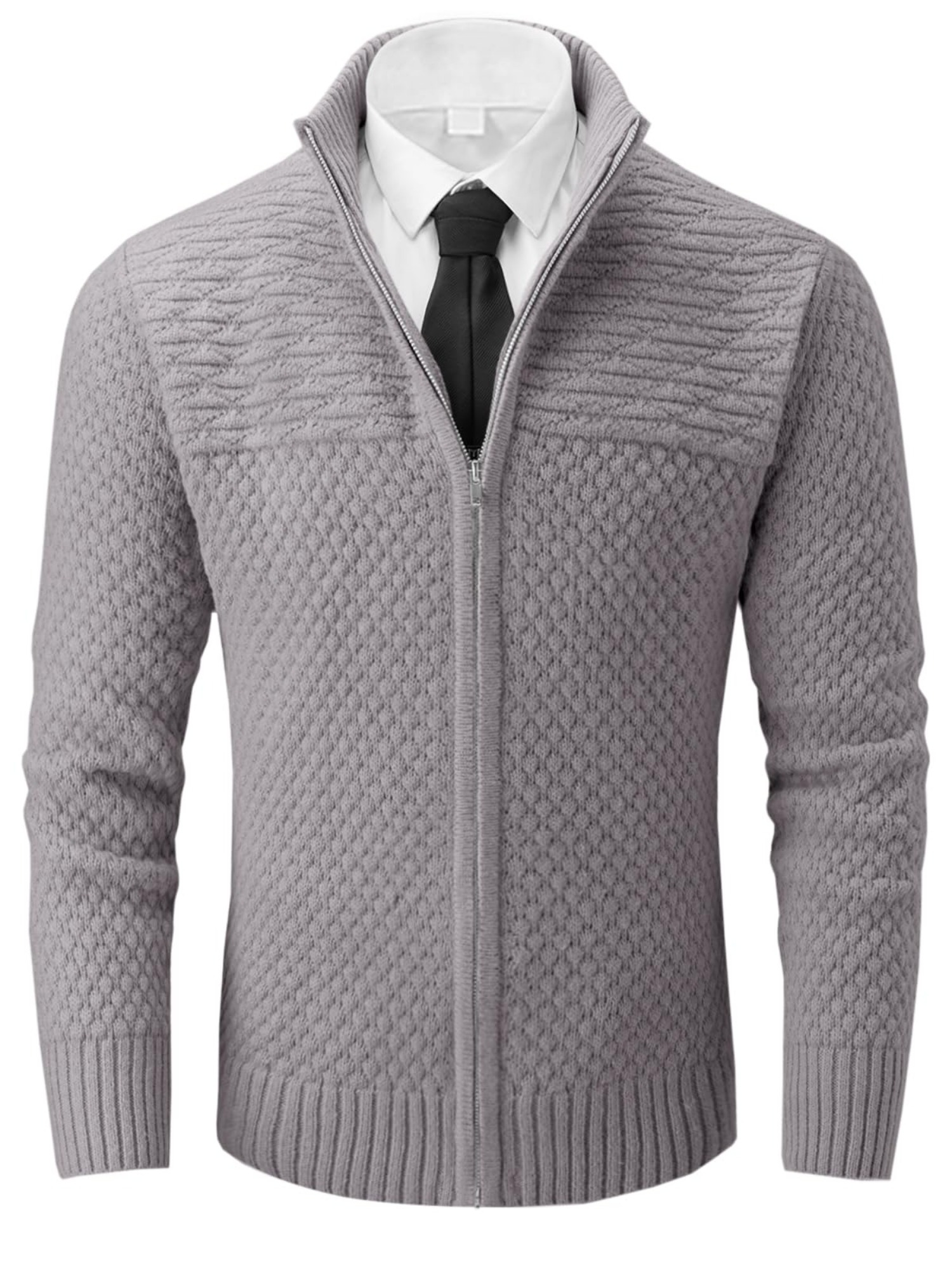mens zip cardigan sweater casual stand collar textured knit Temu