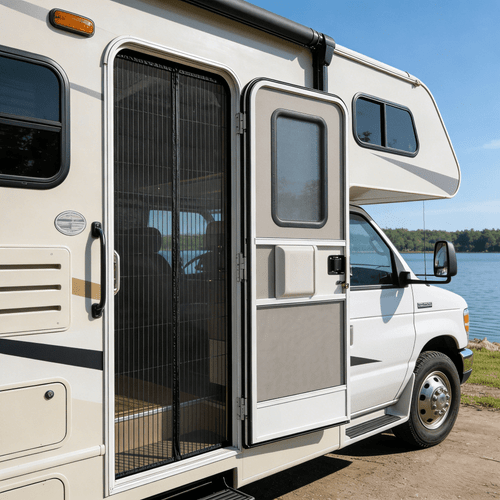 single piece rv magnetic mosquito net screen without drilling features a self closing door design provides ventilation and insects out ideal for camping