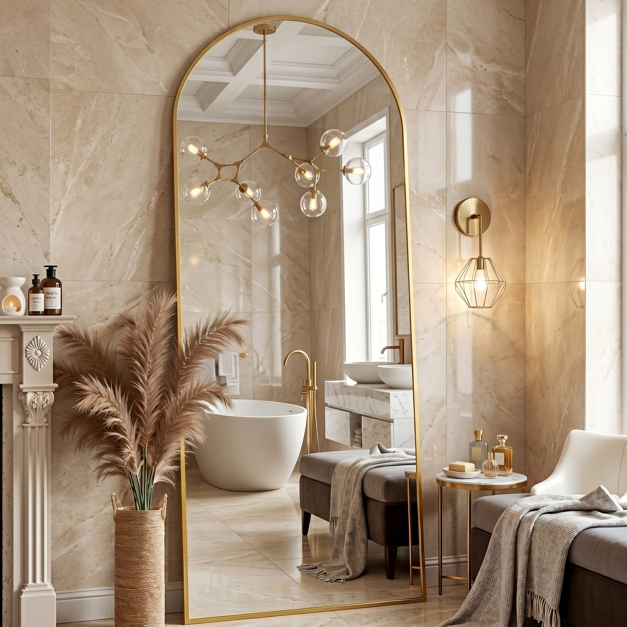 Image of Arched Bathroom Wall-mounted Makeup Mirror, Full Length Mirror, 165 X 55cm Free Standing Hanging Mounted Mirror, Aluminum Frame Shatterproof Glass Modern For Bathroom, Golden