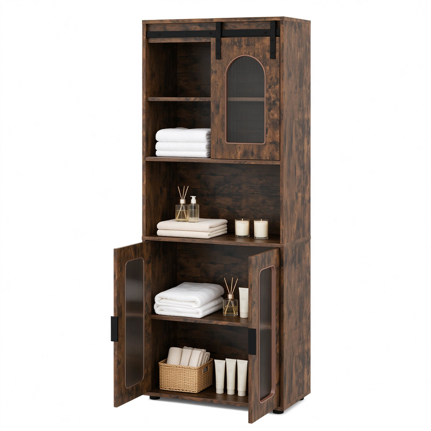 Image of Toilet Paper Storage Containers, 150cm Freestanding Storage Organizer With Sliding Barn Door And Shelves, For Bathroom, Coffee