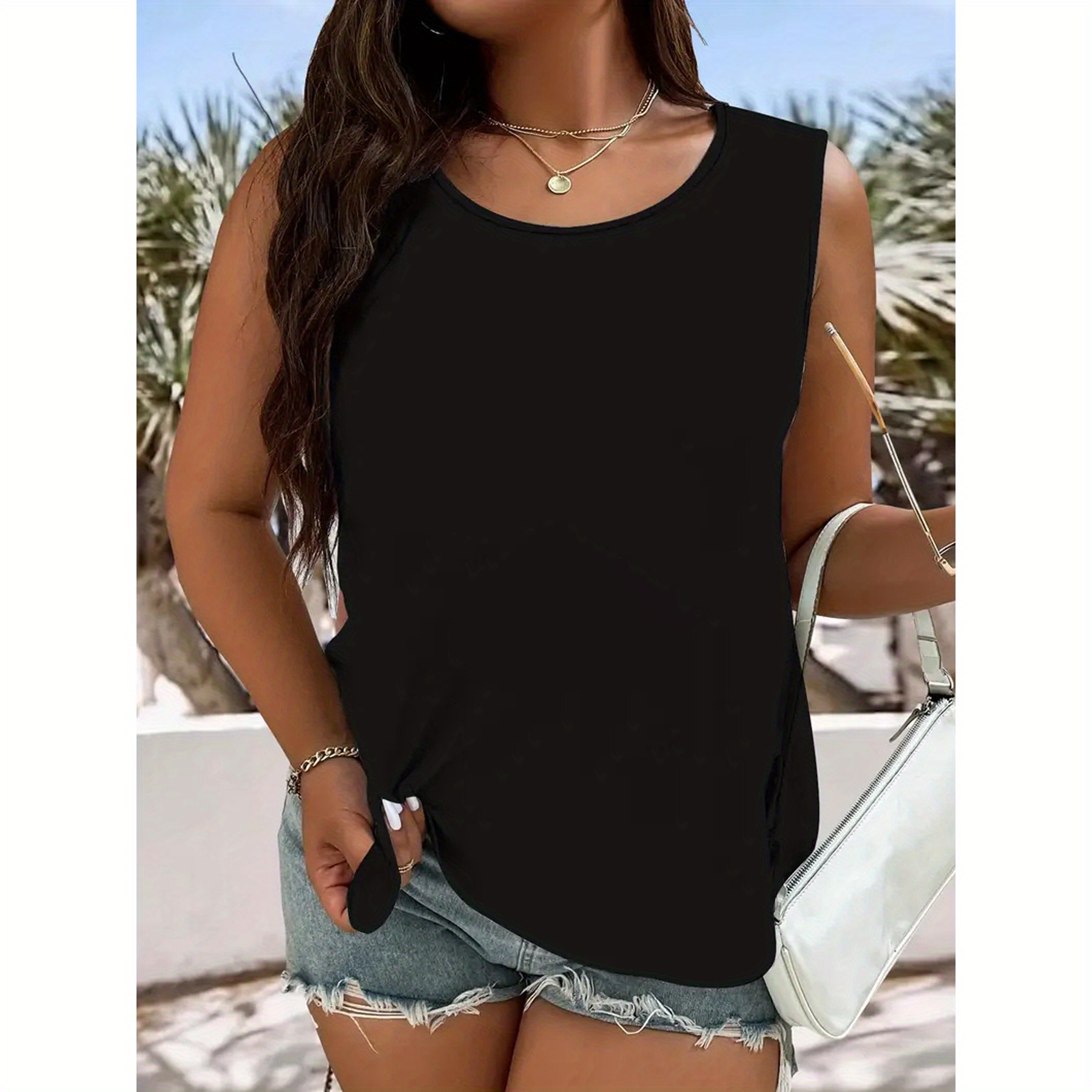 

Débardeur manches pour femmes de grande taille, couleur unie, avec un col rond pour .