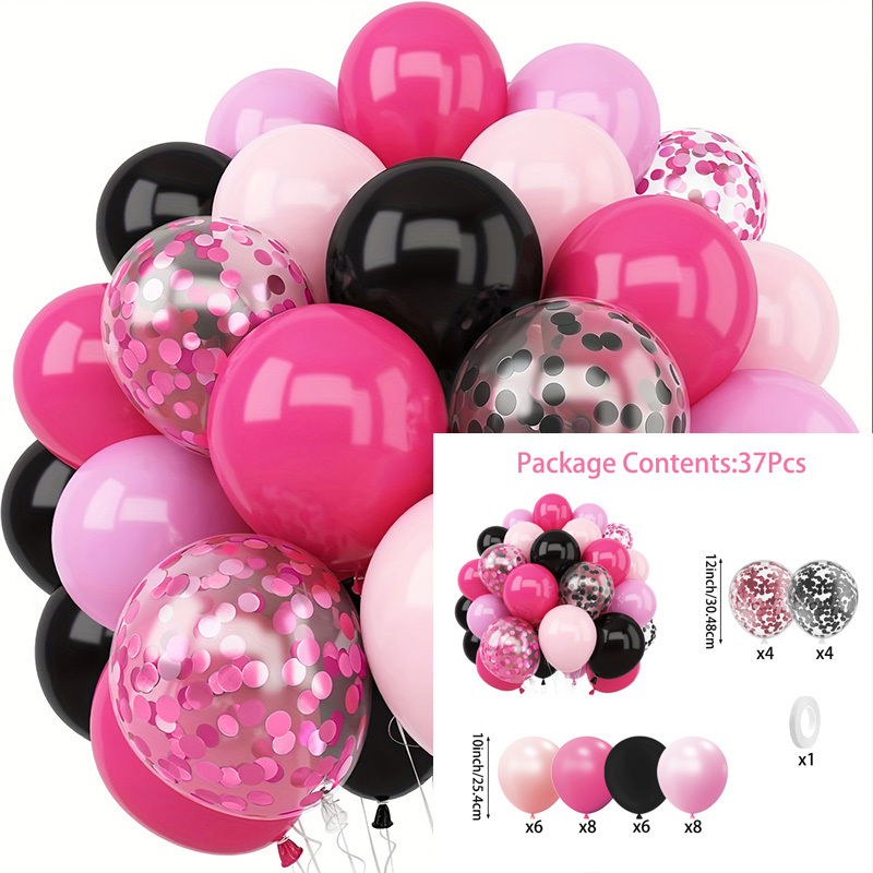 TEMU Lot de 37 ballons rose vif, rose et noir, ballons en latex à roses et noirs pour décoration de fête d'anniversaire, enterrement de vie de fille,