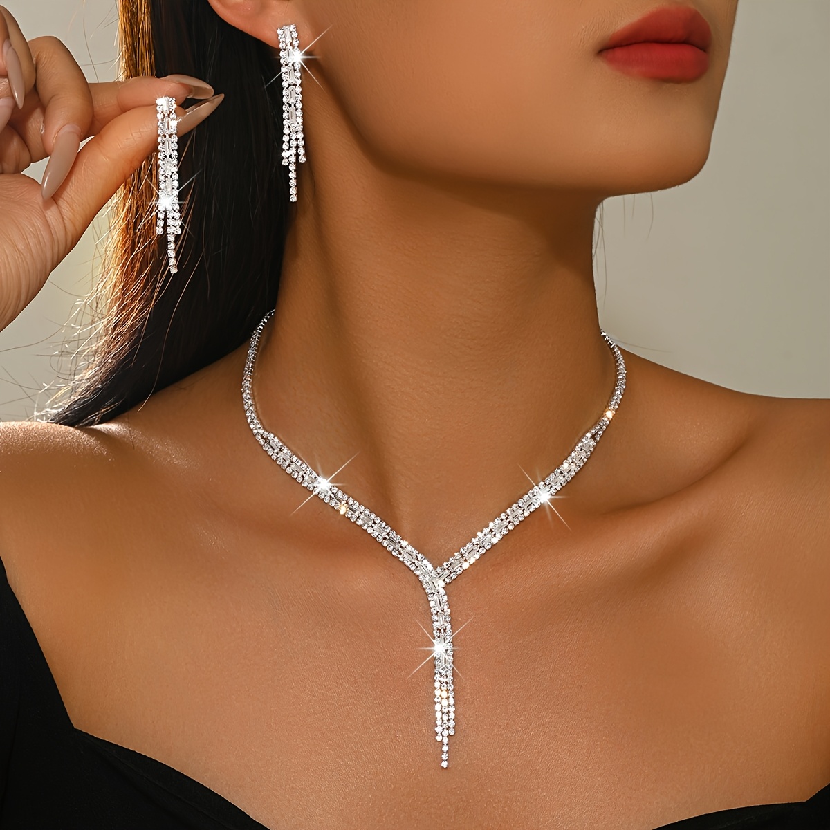 E-shop 2-teiliges exquisites elegantes Y-förmiges Schmuckset mit Quasten – Damen-Halskette Ohrhänger, schillerndes Braut-Accessoire für Abendbankette,