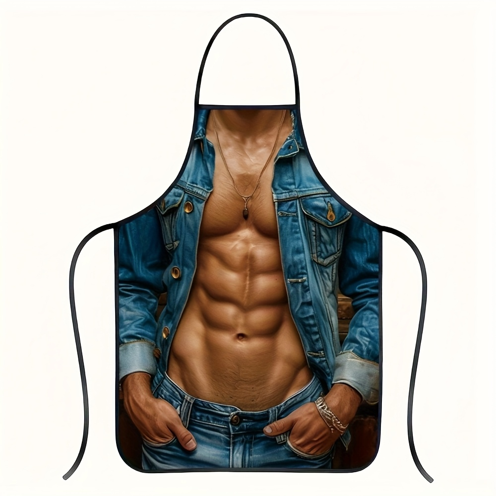 TEMU 1pc Fun Abs Denim Printed Apron, Durable Polyester, Hand Washable, Suitable For Cooking Enthusiasts, Durable And Lightweight, Washable Kitchen