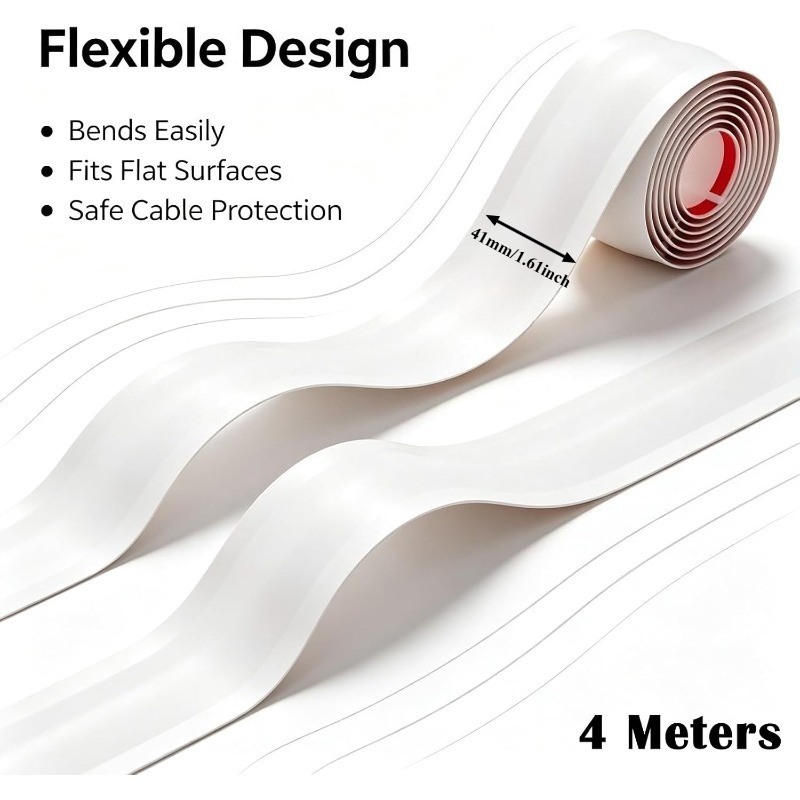 TEMU 1 Roll 41mm Wide 4m Long Cable Hider, White Self-adhesive Cord Cover For Wall, Pvc Material, Peel-and-stick For Walls, Floors, Baseboards