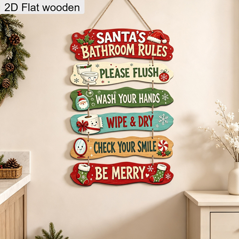 TEMU 2d Flat, 2d 6pcs Thin Wooden Hanging Decor Set, Featuring A Christmas-themed , And A Of Cartoon Patterns Below: A Toilet, Hand Soap, Toilet