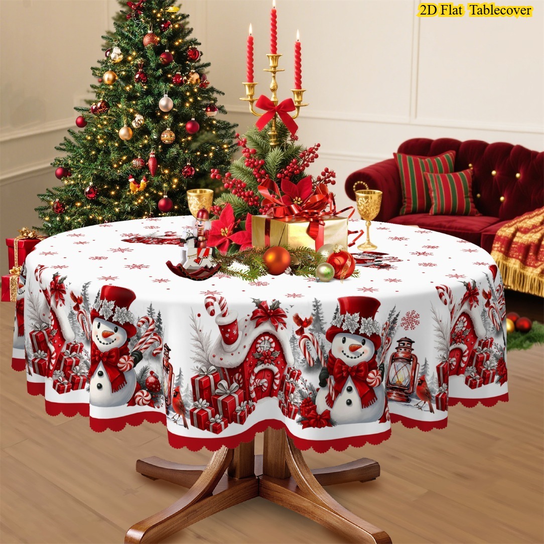 TEMU 2d Flat Tablecovers 1pc Christmas Tablecloth, Red Snowman Pine Tree Gift Snowflake Cottage Printed Design, Round And Rectangular Tablecloths,