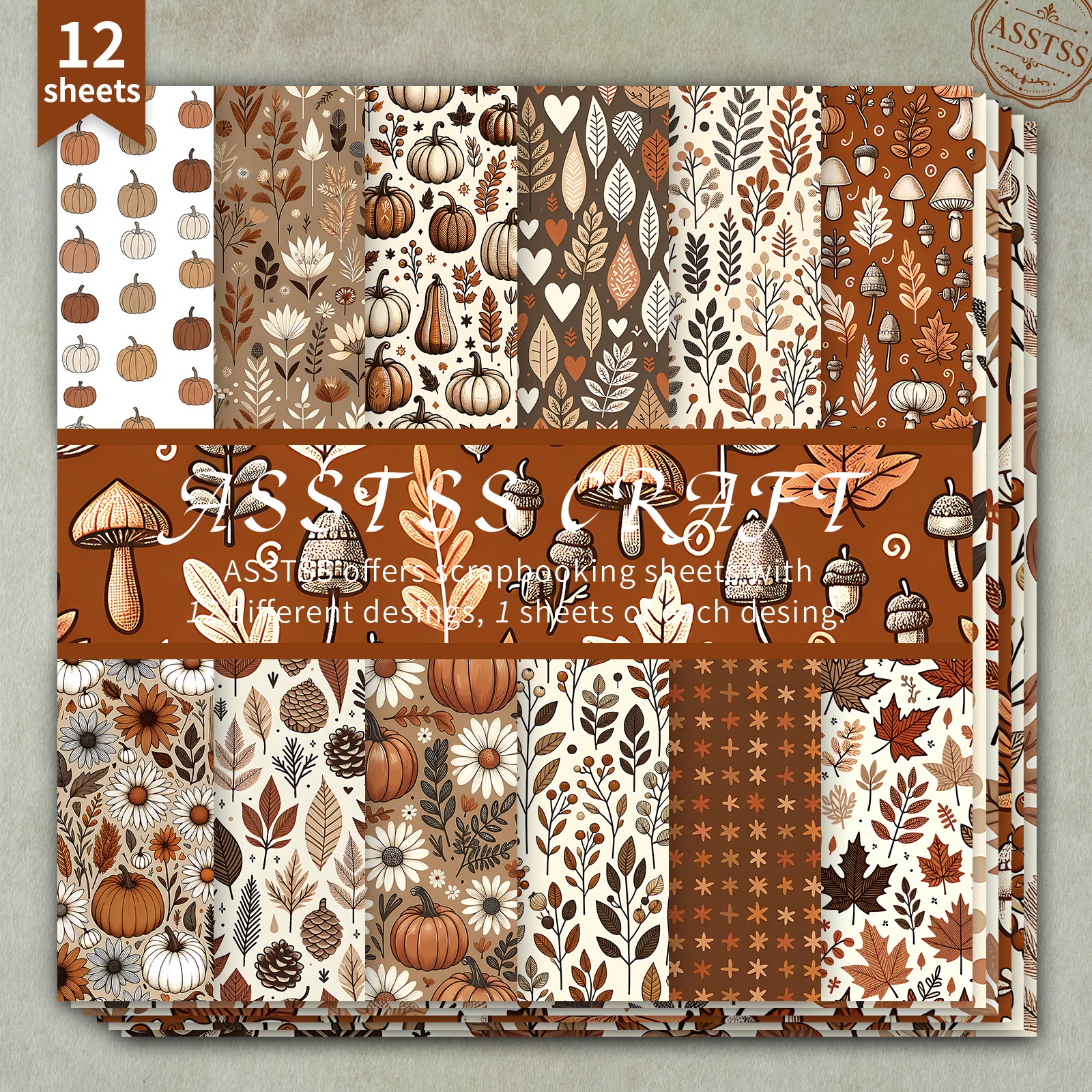 TEMU Bloc de papier scrapbooking ASSTSS de 12 feuilles 6X6 pouces, papier de base style automne citrouille de pin fleur, papier cartonné épais pour