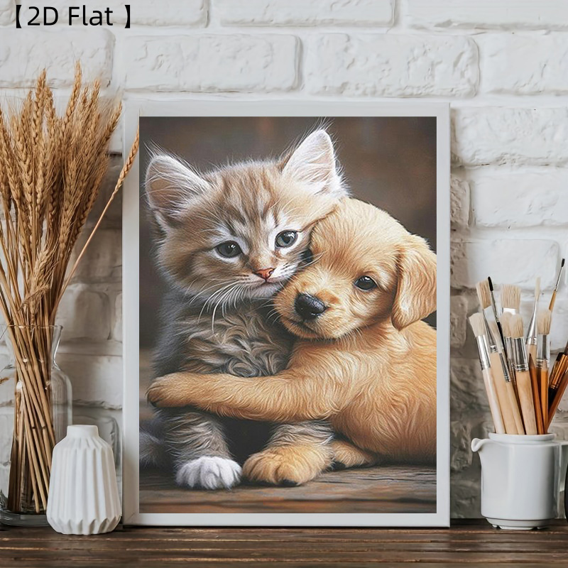 TEMU 2d Flat, 2d Flat Frameless Canvas | Wall Art Canvas - Cute Kitten And Puppy Hugging Poster, High-quality Fade-resistant Print, Vibrant Room,