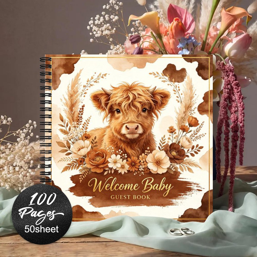 TEMU 1pc Boho Watercolor Highland Cow Floral Guestbooks, Gift Keepsake Memory Journal With Sign Names And Add Polaroid Photos For Gender Reveal Party