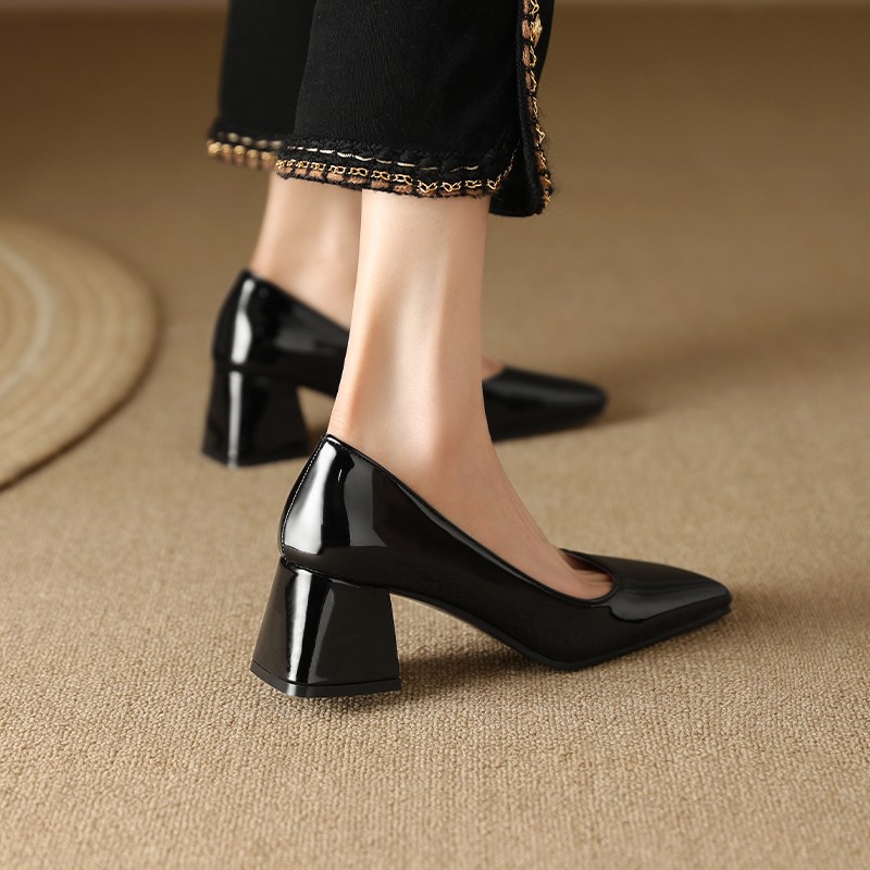 Image of Women' Toe Block Heel High Heels, Patent Texture Classic Commuting Office Wedding Guest Daily Versatile Pumps For Spring Autumn Multiple , Women Shoes