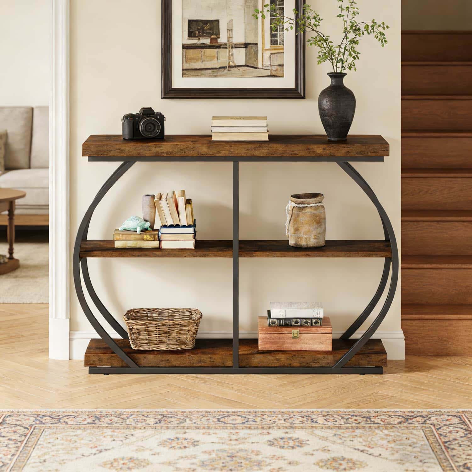 104cm Industrial 3 Tier Console Table, Arched Metal Frame, Spacious Storage Shelves, Multipurpose Accent Table For Living Room, Hallway, Rustic Brown
