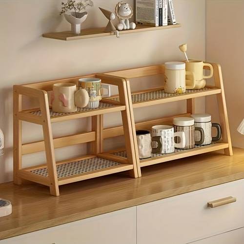 double layer cup storage rack 26cm artificial rattan mug organizer fit for kitchen and living room compact desktop rack can hold mugs cups and small items durable wooden material space saving design vertical rack standing shelf