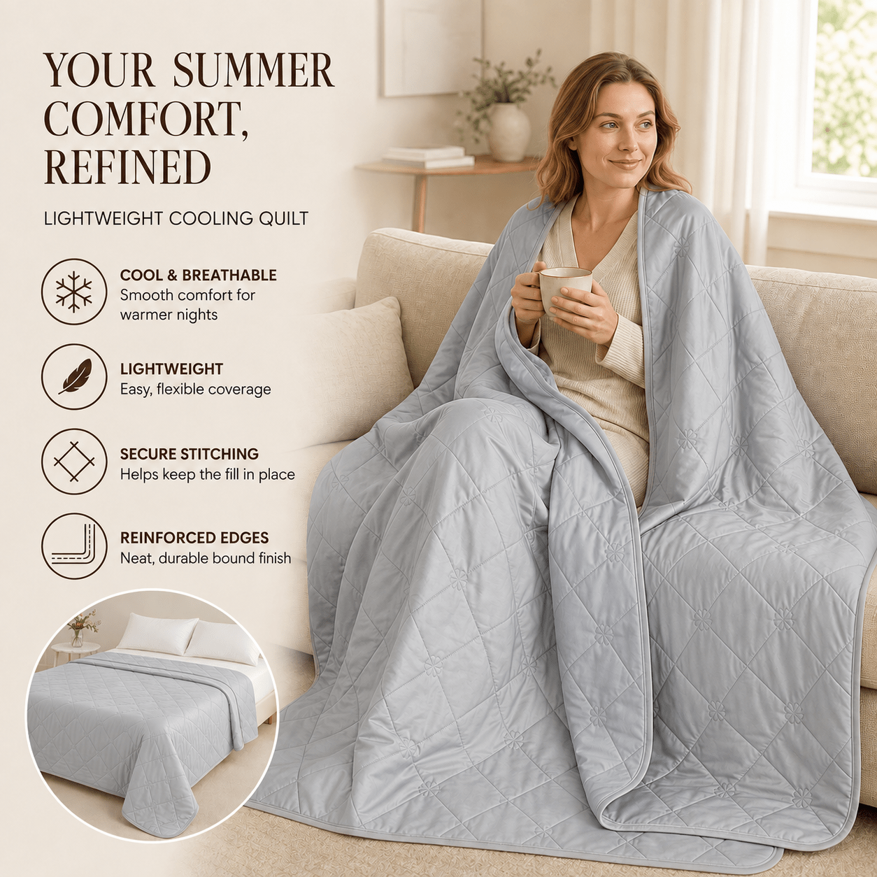 Image of Summer Cooled Blanket, Lightweight Quilt, Breathable Smooth Cover. Solid Color, , And Washable