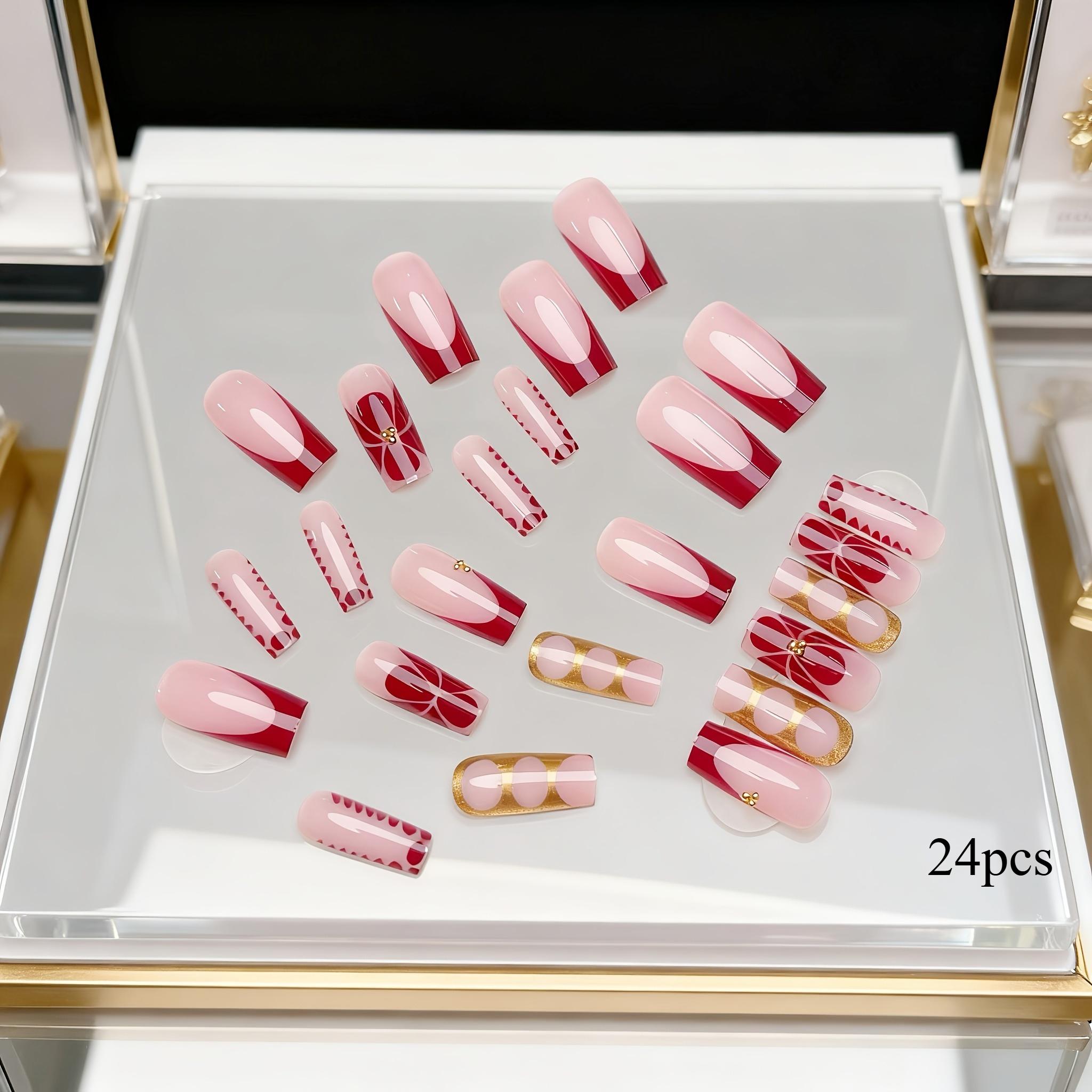 TEMU 24pcs Set Of French Gradient Nail Stickers, Featuring Trendy Golden And Red Stripes, Embellished With Rhinestones And Floral Patterns.