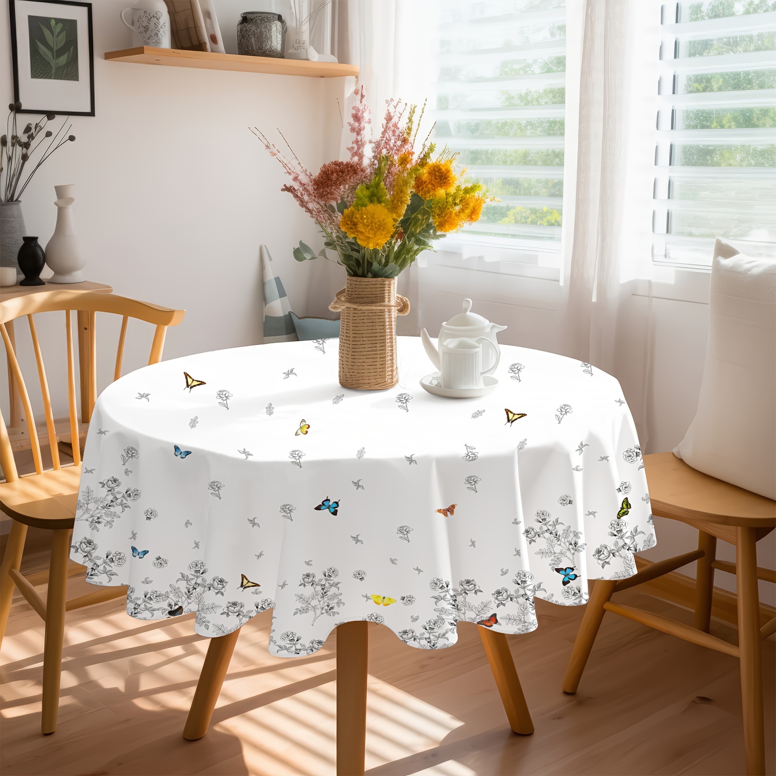 TEMU 1pc, Round Tablecloth, Pastoral Floral Tablecloth, Rose Vine And Butterflies Printed Decorative Tablecloth, French Romantic Theme, Black And ,
