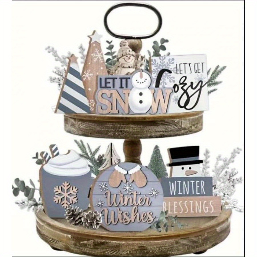 

Handcrafted Signs| Grey Winter & Snowman Tiered Tray Decor Set With & Pine Accents - "" Wooden Signs For Cozy Christmas Home & Fireplace Display, Decorations