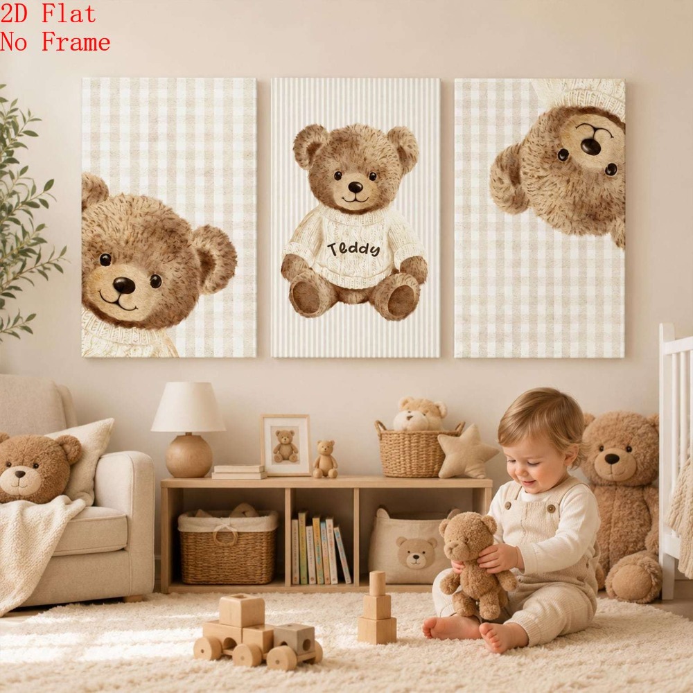 TEMU 2d Flat, 3pcs Neutral Teddy Bear Nursery Wall Art - Beige Plush Triptych Canvas Poster Suitable For Baby Room Decor, Nursery Prints, Baby Shower