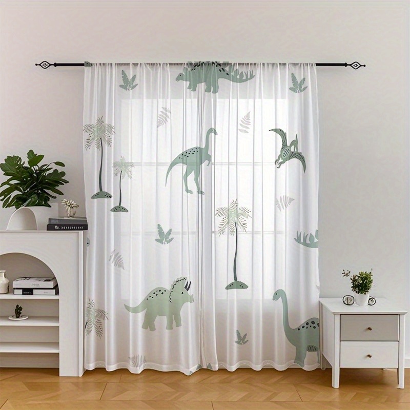 TEMU Lot de 2 Panneaux de Rideau en Tulle Filtre Lumière à Motif Dinosaure et Floral - 100% Polyester, Poche pour Tringle, Décor Rustique Lavable en