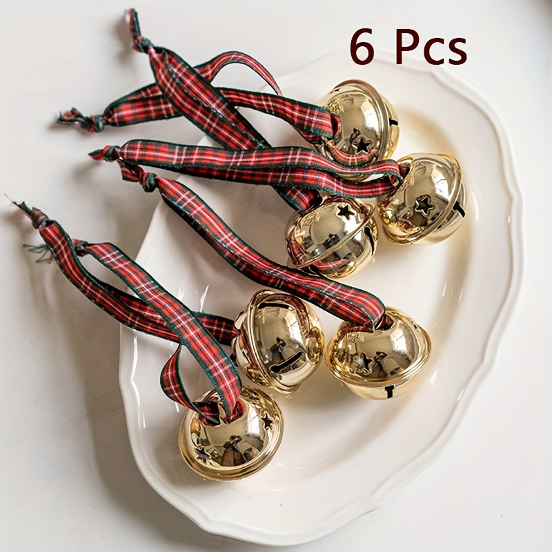 TEMU 6pcs Christmas Golden Bell Pendant, Red Ribbon Design, Metal Texture Bell Sound , Holiday Christmas Tree Decoration Pendant, Diy Handmade Gift