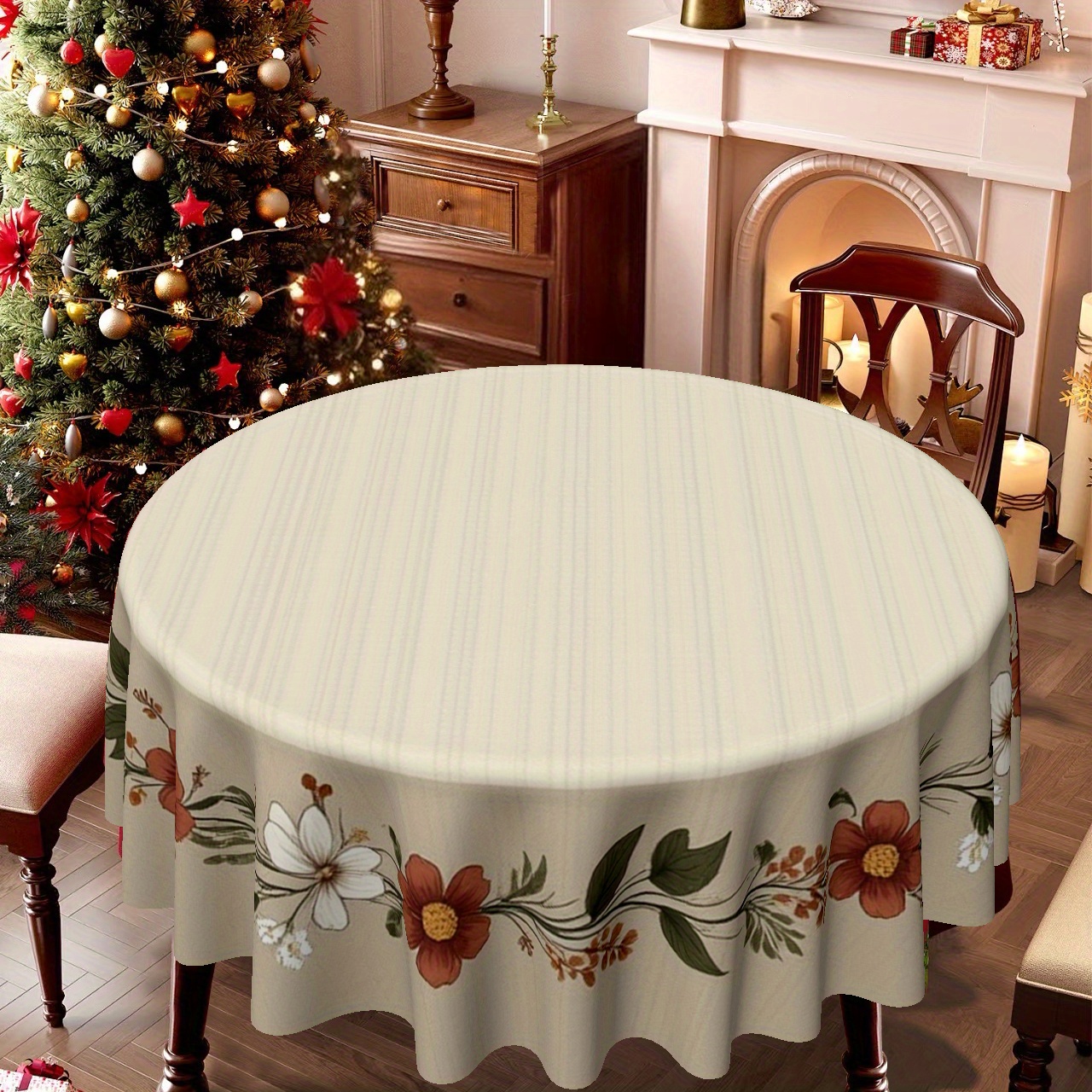 TEMU 2d Printed 59x59in/150x150cm Tablecloth, Christmas, Rustic Floral Wreath - Themed Round Tablecloth For , Dining Room & Living Room Decor,