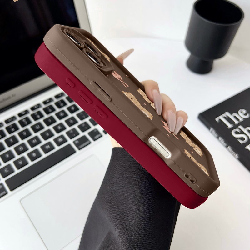 Brown bear bow Pattern Case for iPhone 16 15 14 Pro Max 13 12 11 XR XS Plus Shockproof Drop Protection Rugged Durable Silicone Cover Gifts for women men girls