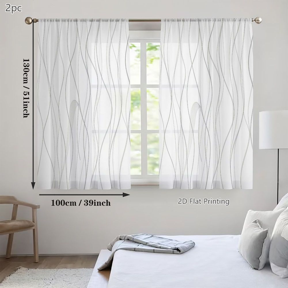 TEMU 2D Flat - 2D Flat - 2D Flat, 2 Stück Frühlings-Sommer Kleine, transparente Gardinen, Graues, gewelltes Linienmuster auf weißem Hintergrund, für