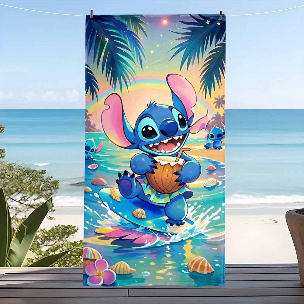 TEMU Official Authorization Stitch Beach Towel - Vibrant Tropical And Palm Tree Sunset Design, Cartoon Beach Towel For Travel, Yoga, Camping, Bathing - Perfect Gift For Birthdays And Father's