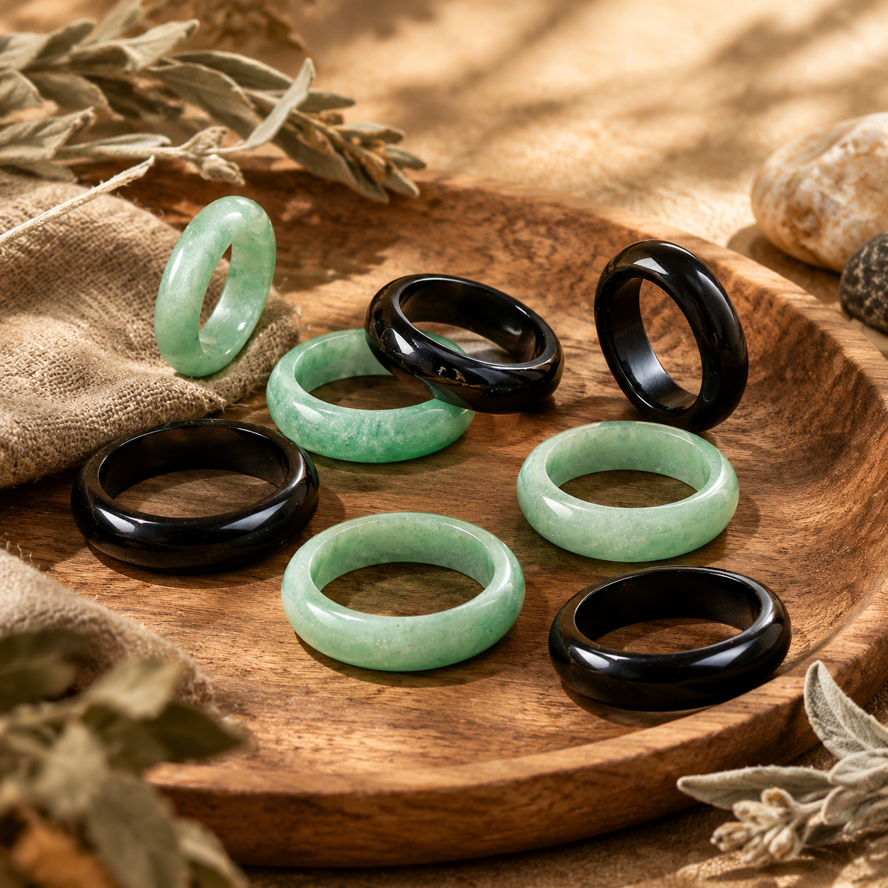 2pc Natural Green Aventurine & Black Obsidian Ring Set, Stackable