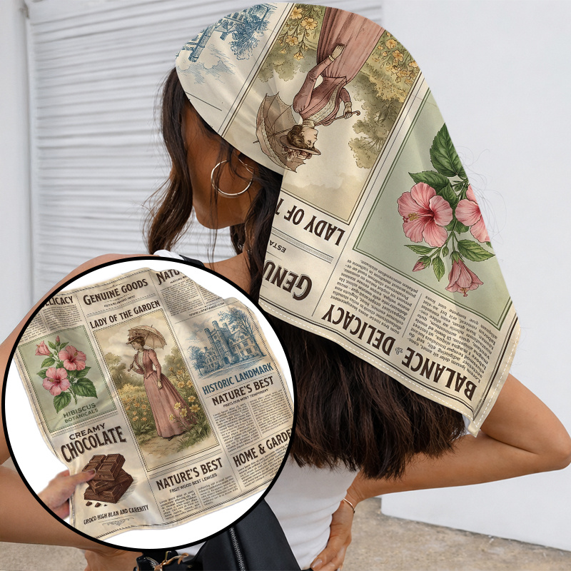 TEMU 1pc Vintage Classic Botanical Portrait Headscarf For Women Best Collage Large Square Scarf Polyester, , Versatile Neck Wrap, Travel Accessory,