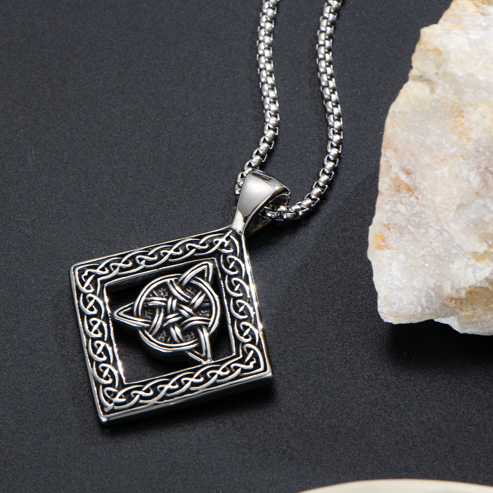 Image of Antique Silvery Celtic Knot Square Pendant Necklace For Men Viking Style Jewelry With Intricate Engraved Details Gift For Norse And Celtic Fashion Enthusiasts