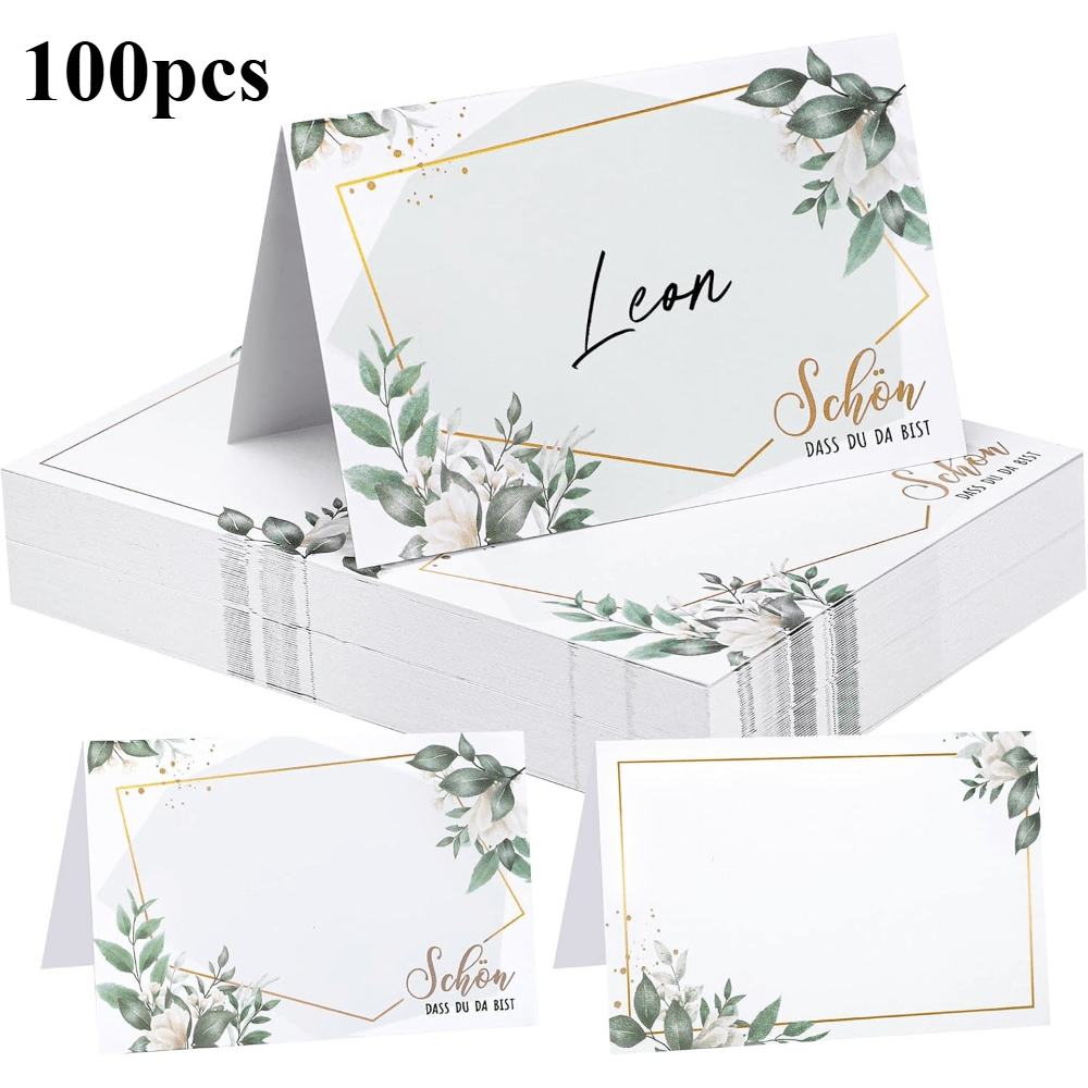 Pack Of 50/100 Cards "schön Dass Du Da Bist", 100 X 90 Mm Cards For Writing Yourself, Name Cards, Cards For Wedding, Birthday, Christening, Easter, Mother's Day (leaves)