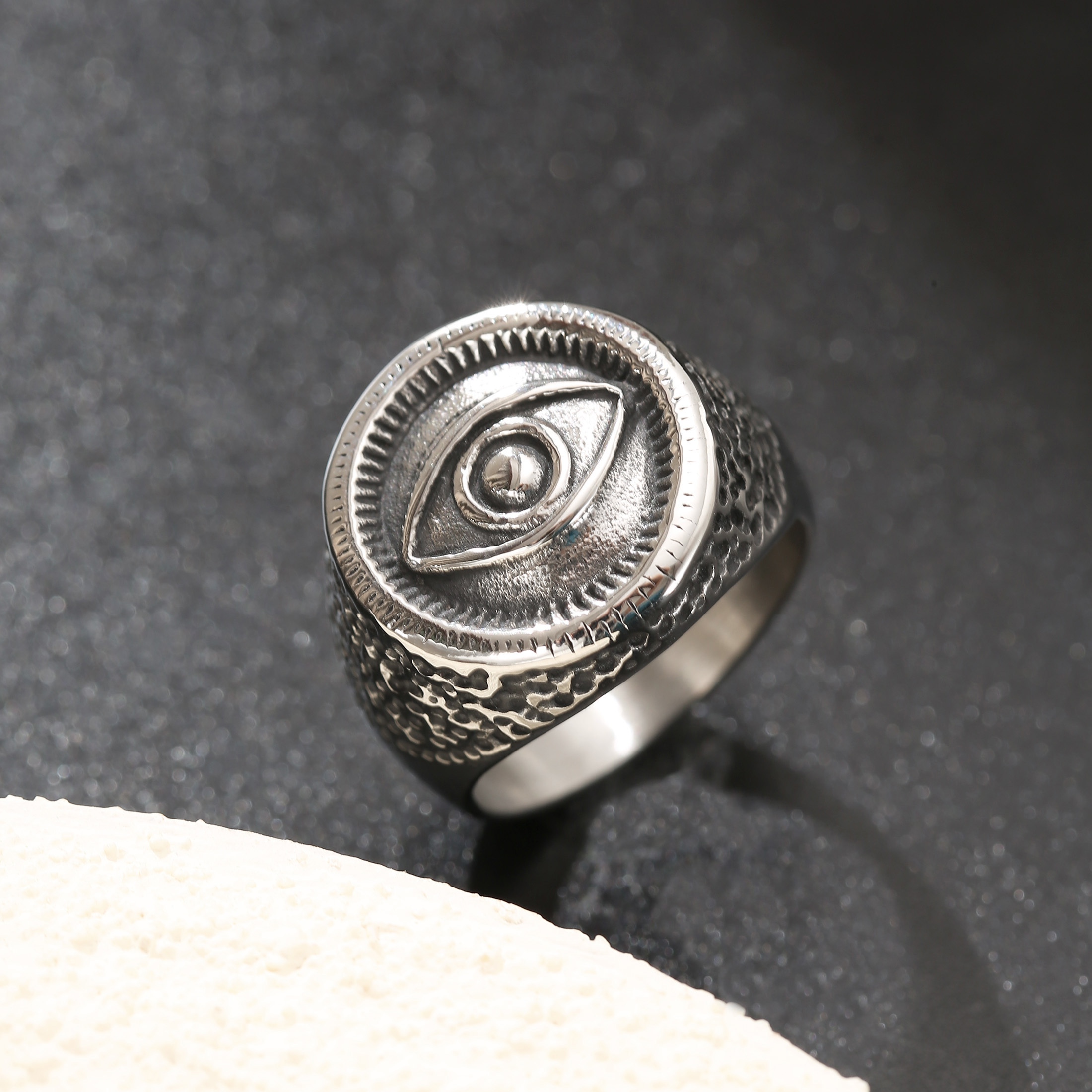 Image of Vintage Antique 304l 304l Stainless Steel Eye Of Horus Band Ring For Men, Trendy Fashion Style Wide Band, Edgy Streetwear Accessory, Without Battery