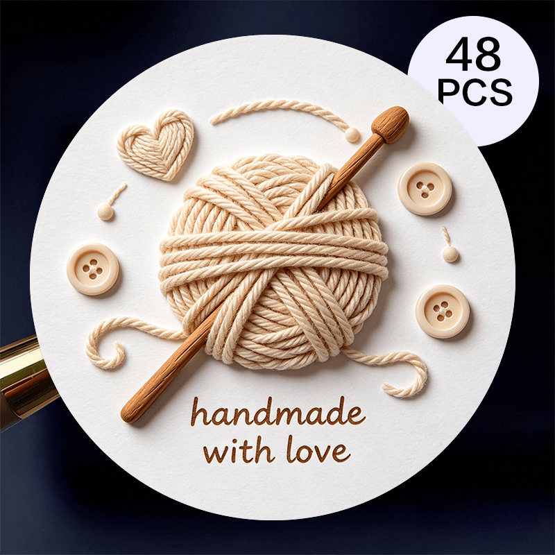 TEMU 48pcs Round "" Stickers, Neutral Wool Yarn & Crochet Hook Labels, Self-adhesive Seals For Handmade Craft Packaging, Sewing & Knitting Projects,
