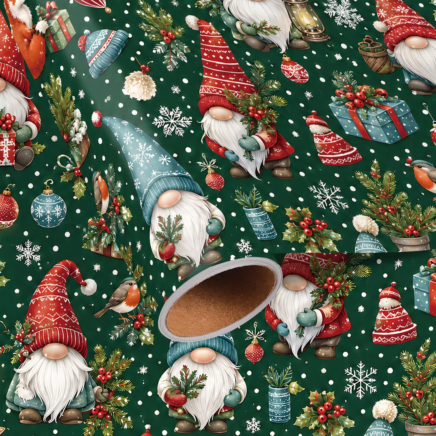 TEMU Rouleau de Gnome de Noël - 17.7 X 118 pouces, Papier d'emballage cadeau de Noël avec des gnomes scandinaves, des oiseaux, des de neige, motif de