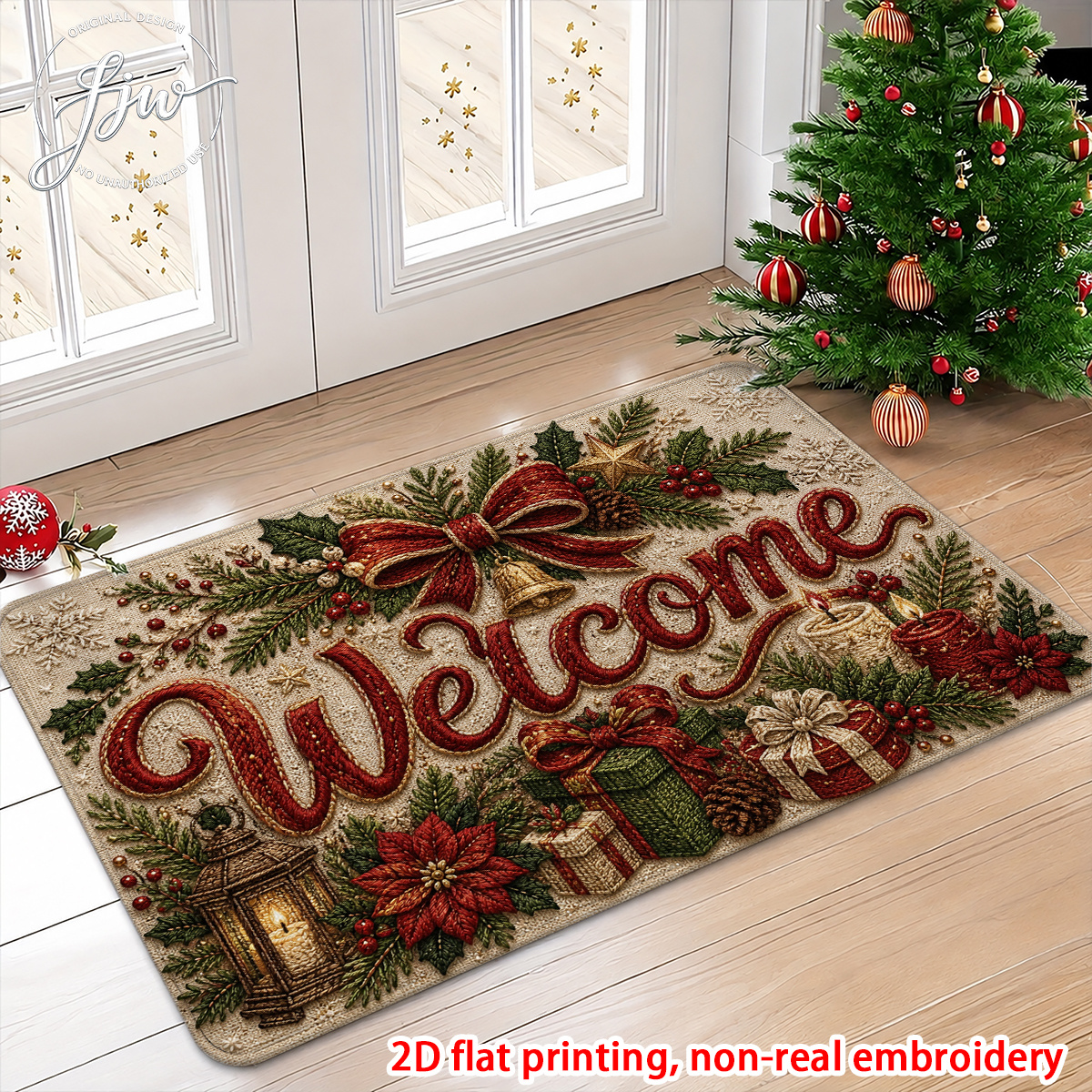 TEMU 2d Flat 1pc Vintage Christmas Welcome Doormat, Flannel Floor Mats, Soft Non-slip Door Mat, Decorative Entryway Rug For Front Door, Kitchen,