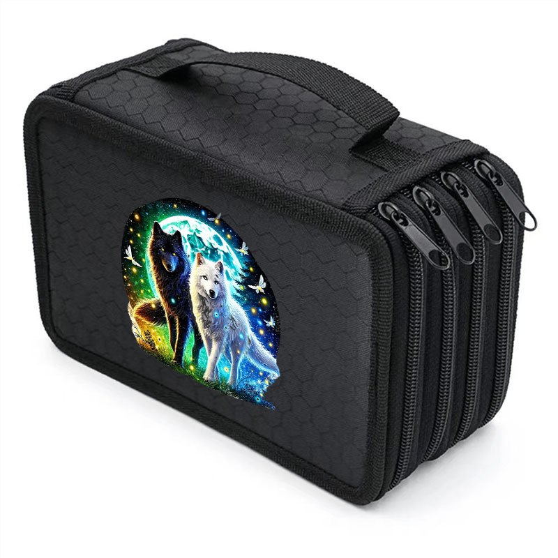 TEMU 1pc Fashion Wolf Print Portable 4 Layer Pen Case Large Capacity Multi Layer Stationery Storage Pouch Zipper Pencil Bag With Handle Stationery