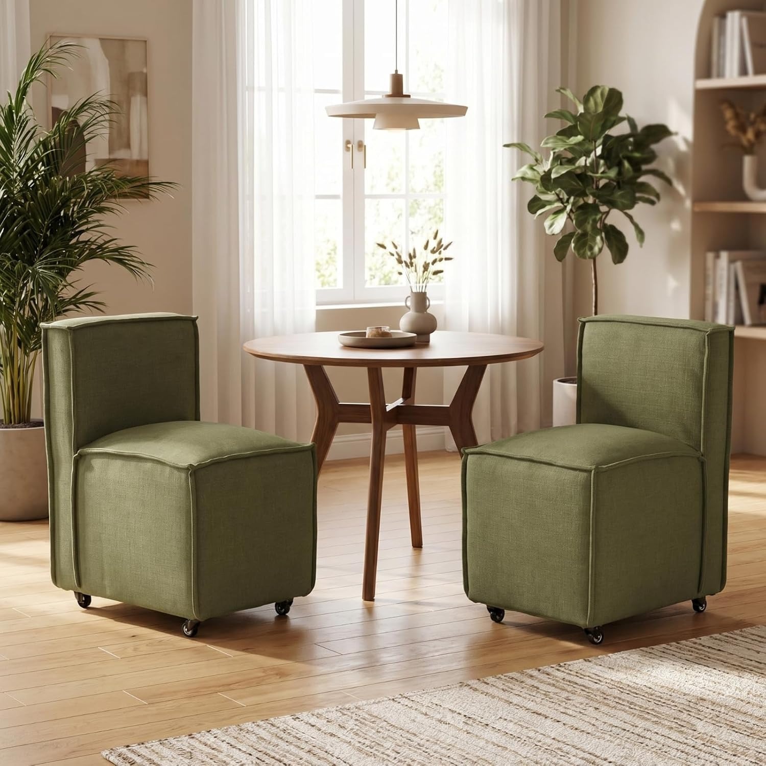 Set of 2 Modern Dining Chairs with Casters Armless Rolling Dining Chairs with Rollers for Kitchen and Dining Room, Removable Cover, Minimalist Style, Specific Style