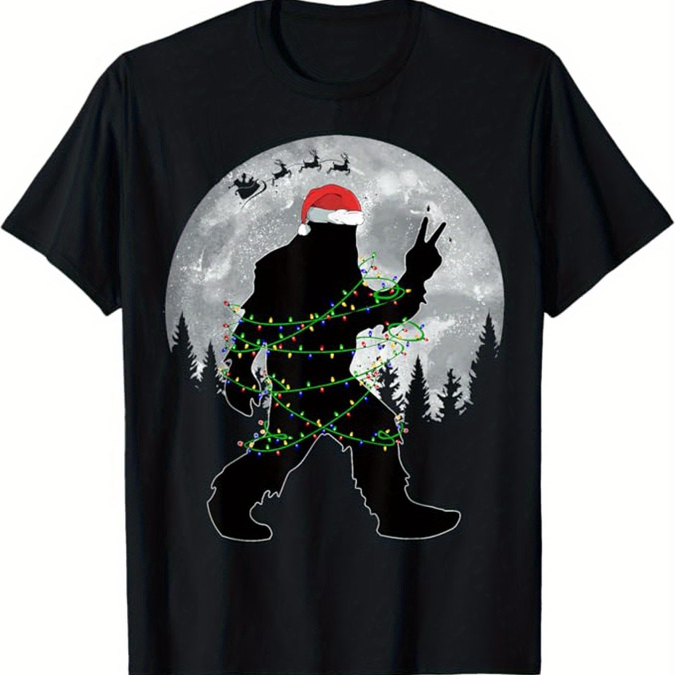 

Christmas Sasquatch Light And Shadow Pattern Printed T-shirt Men's Loose Cotton T-shirt Casual Short-sleeved Round Neck T-shirt Trend Sports Men's Clothing