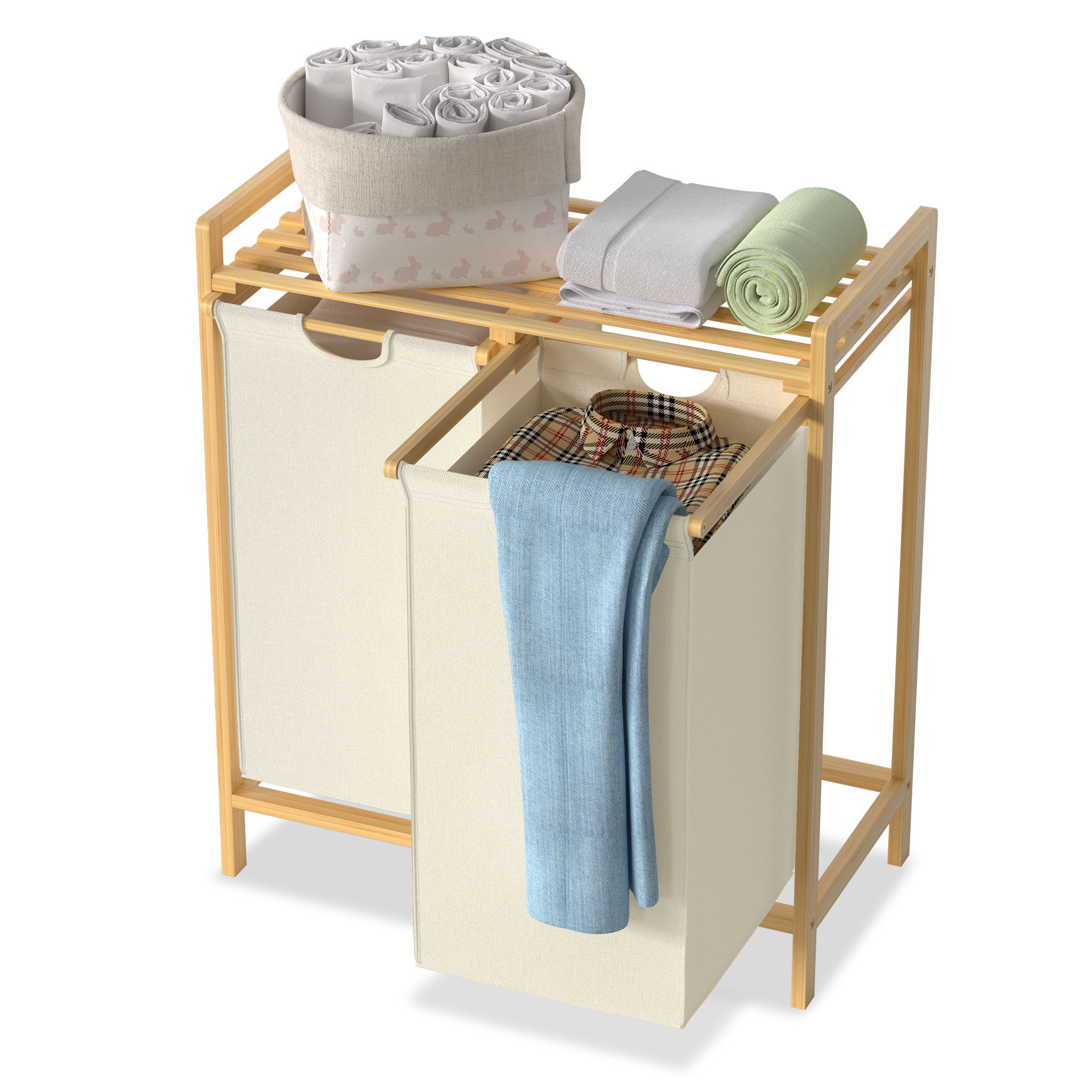 Image of 2 X 36 L Oxford Fabric Laundry Basket Bamboo Laundry Sorter With Shelf Laundry Hamper Removable Laundry Bags With 2 Compartments Laundry Separator For Bedroom Laundry Room