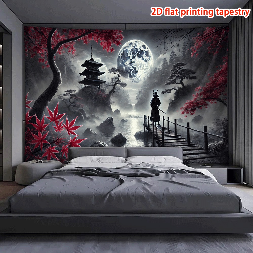 Samurai Under Moon Wall Hanging Tapestry For Living Room Decor_voghion.com