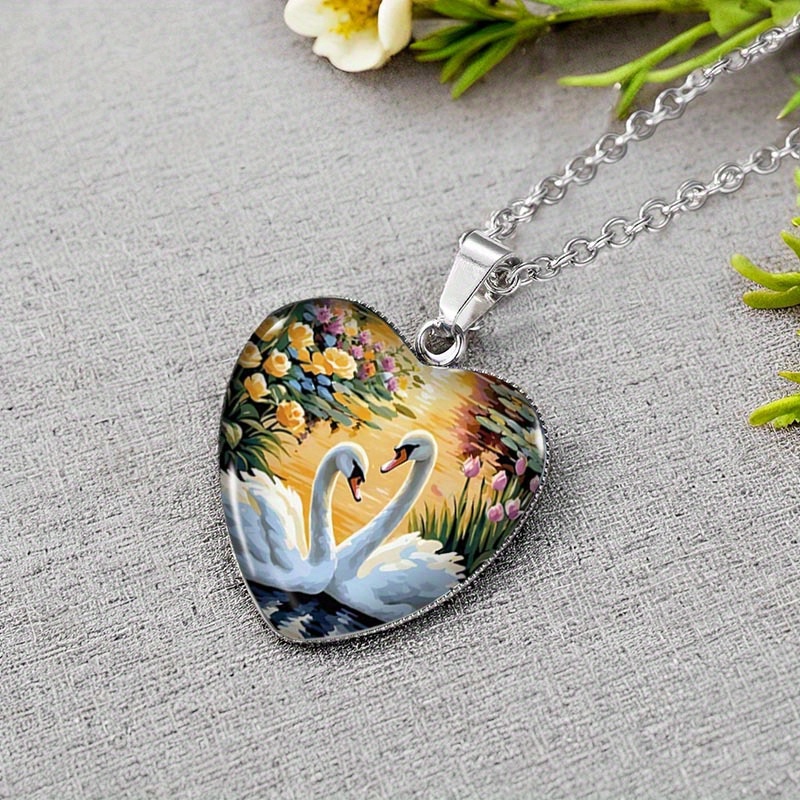 1pc swan love heart shaped necklace glass pendant handmade Temu