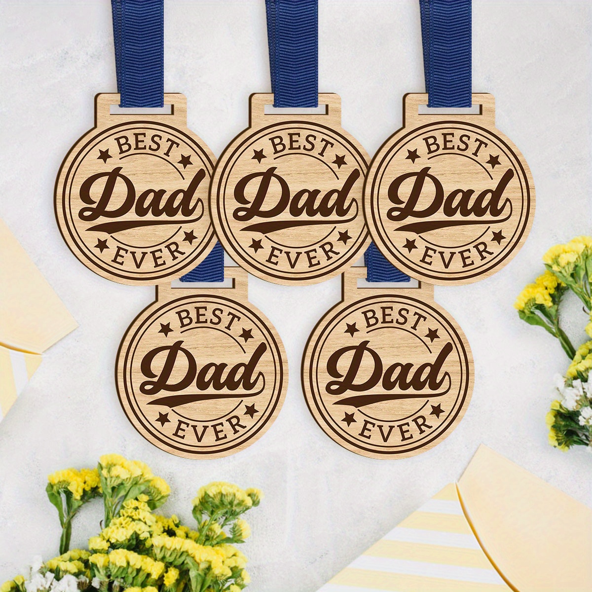 TEMU 5pcs Set Dad Wooden Medal Pendant - Wooden Star-shaped Design, Suitable For Men's Necklaces, Father's Day Commemorative Gift, Birthday Gift,