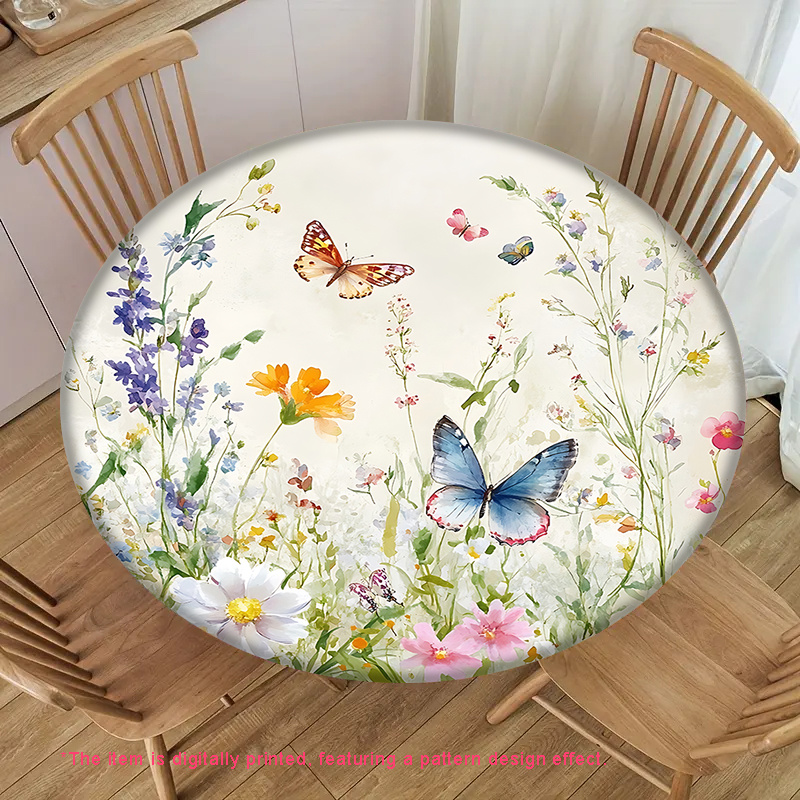 E-shop 1 Stück Schmetterling Blumenmuster / Beige Hintergrund / Schmetterling & Blumen , Elastische Runde Tischdecke, Waschbar, Mehrere Größen