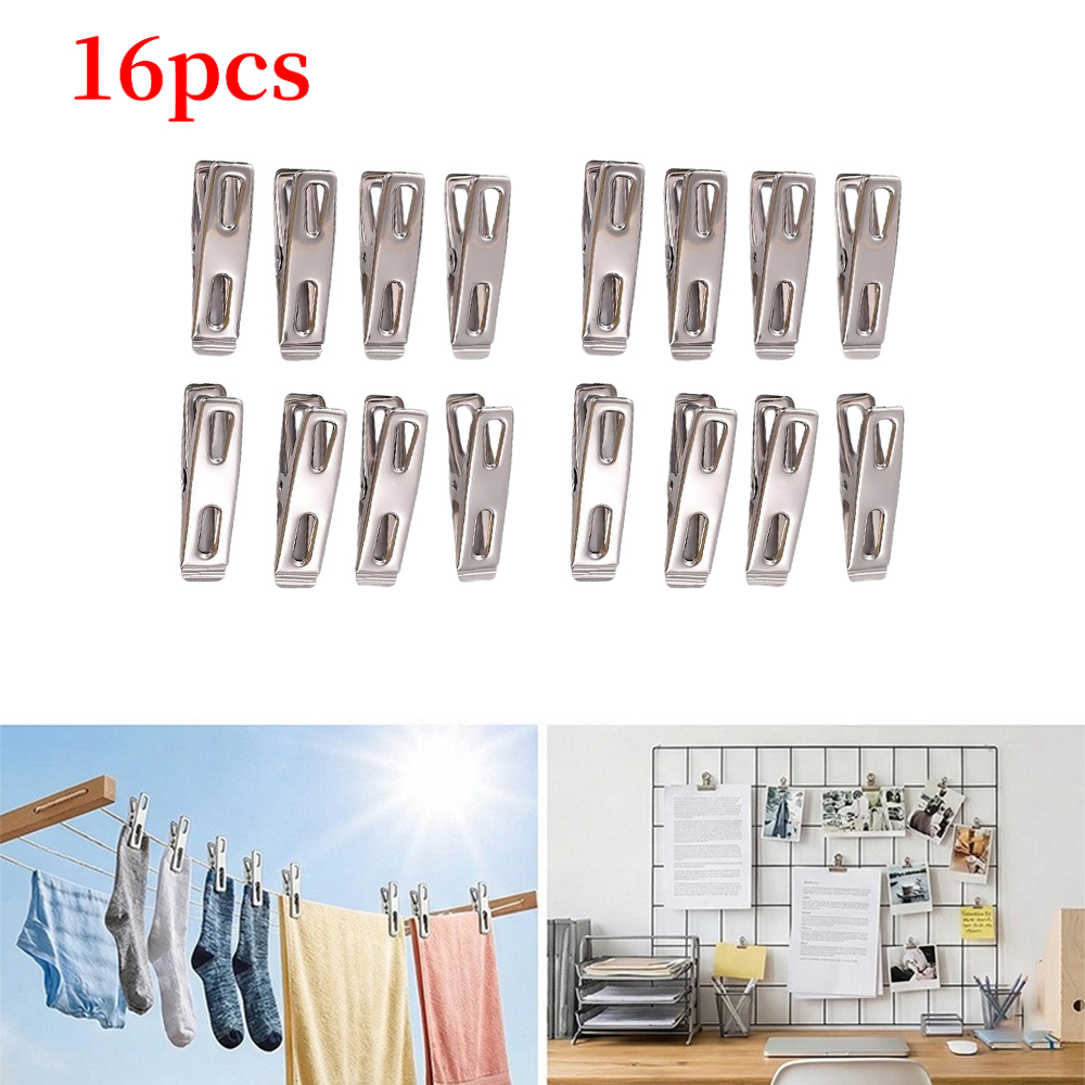 TEMU 16pcs Strong Stainless Steel Clothes Pegs, Heavy-duty Metal Clothes Clips, Used For Laundry, Hanging, Drying Socks, Crafting, Food Sealing, And