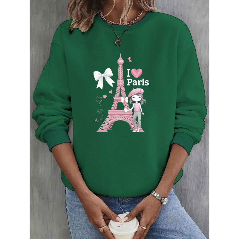 

Chic Sweatshirt 'J'aime Paris' avec de Eiffel pour Femme - Col Rond en Polyester Confortable avec Nœud Rose & Accents Cœur, pour & , Lavable en Machine, Décontracté, Vêtements