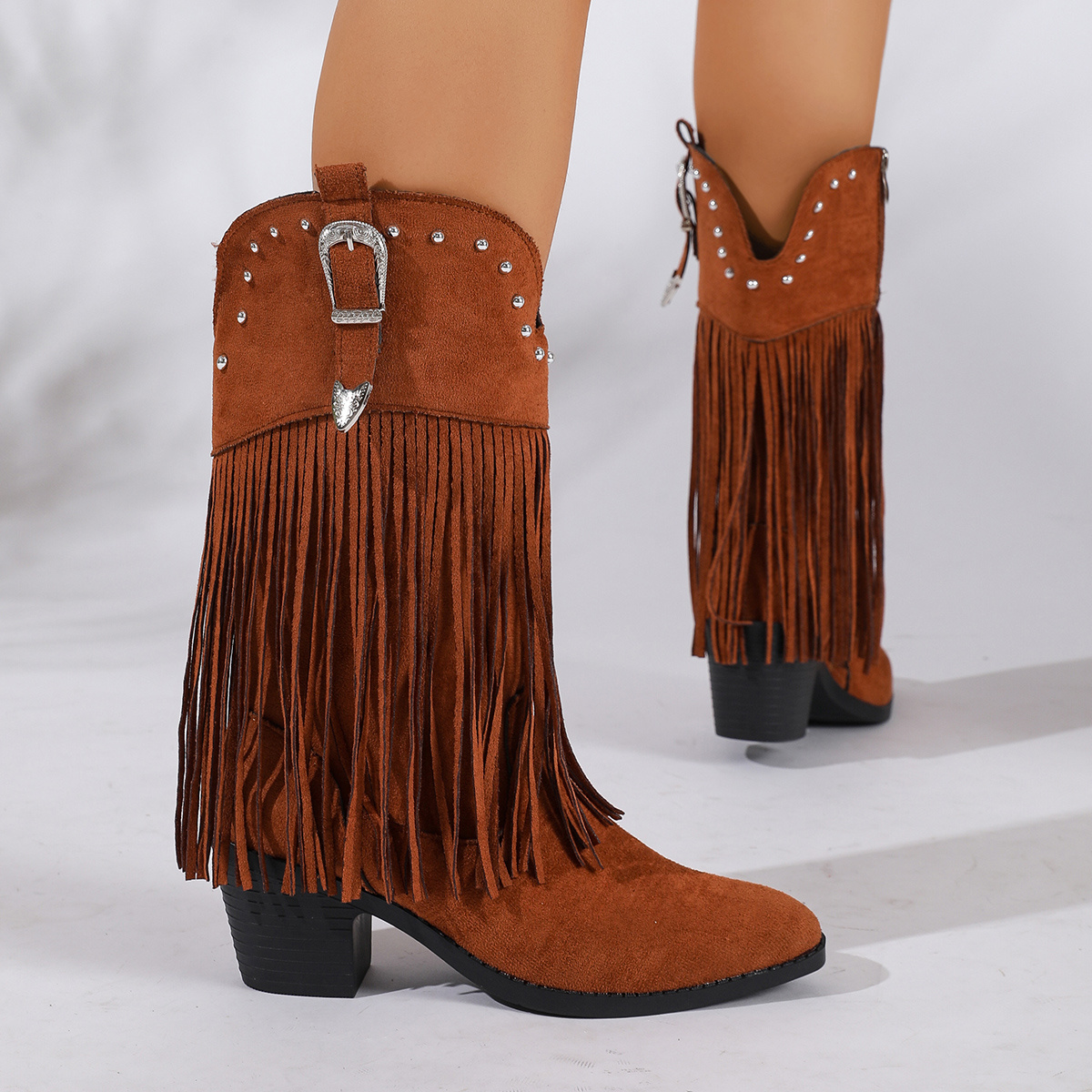TEMU Light Brown /autumn Chunky Heel Pointed Toe Fashion Boots, Side Zipper High Heel Tassel Women's Mid-calf Boots, Women Shoes