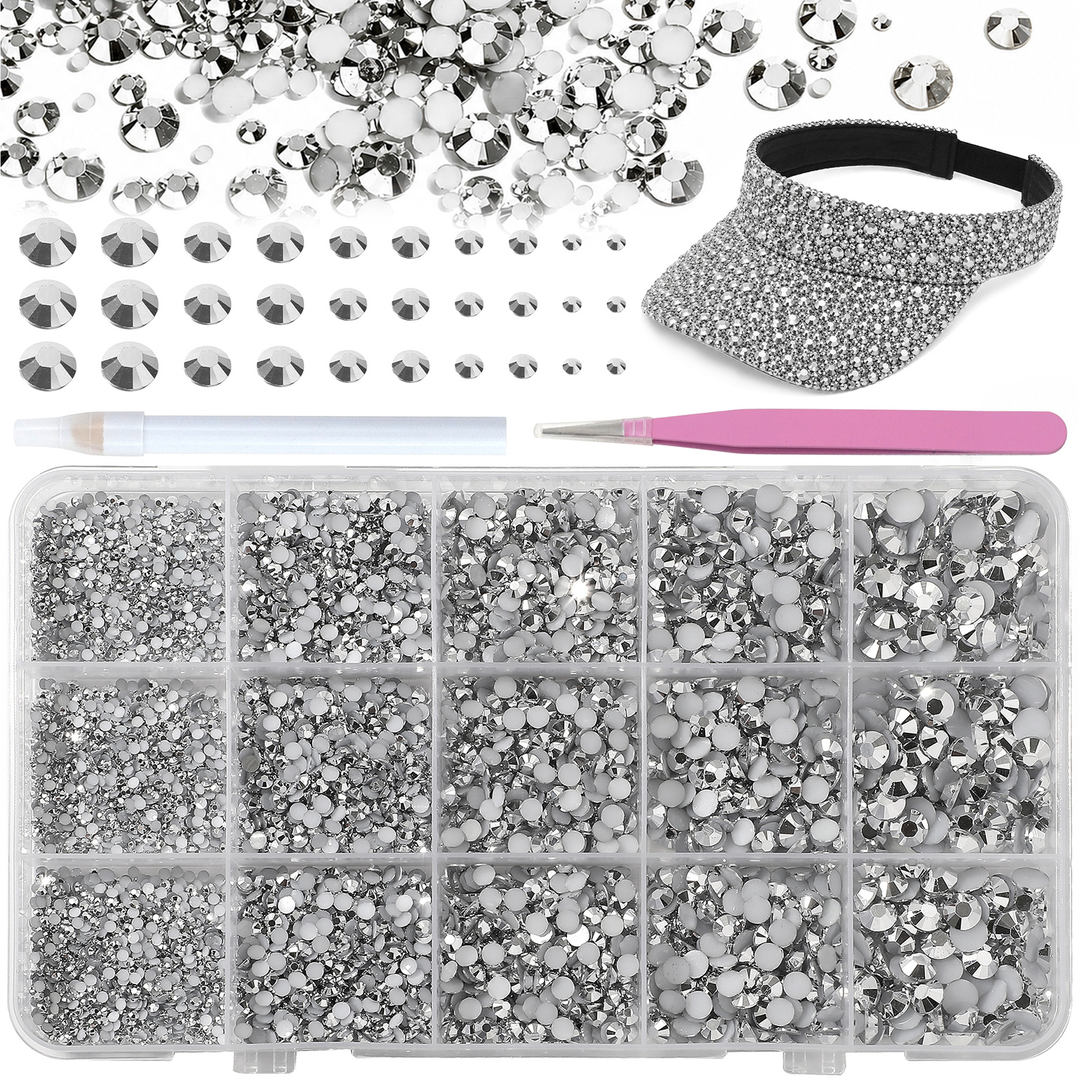 TEMU Kit de strass en résine couleur argent de 6500 pièces avec 15 grilles, pince à épiler et stylo à points, à fond plat argentées de 2/3/4/5/6 mm,